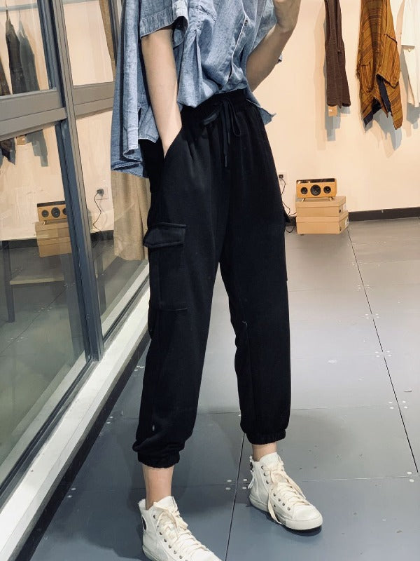 LOOSE BLACK&GRAY TIED CASUAL PANTS