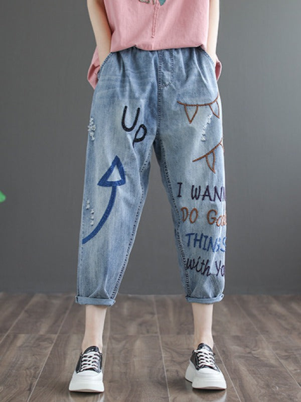 VINTAGE EMBROIDERED HOLLOW HAREM JEAN PANTS