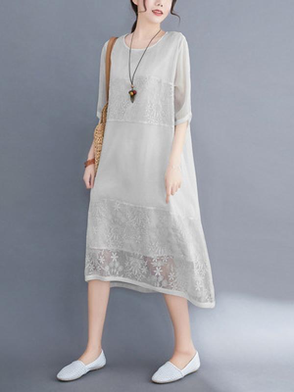 Loose Hollow Out Embroidered Midi Dress