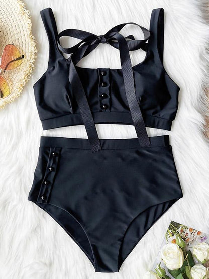 Solid Color Bandage Split Bikini Swimsuit