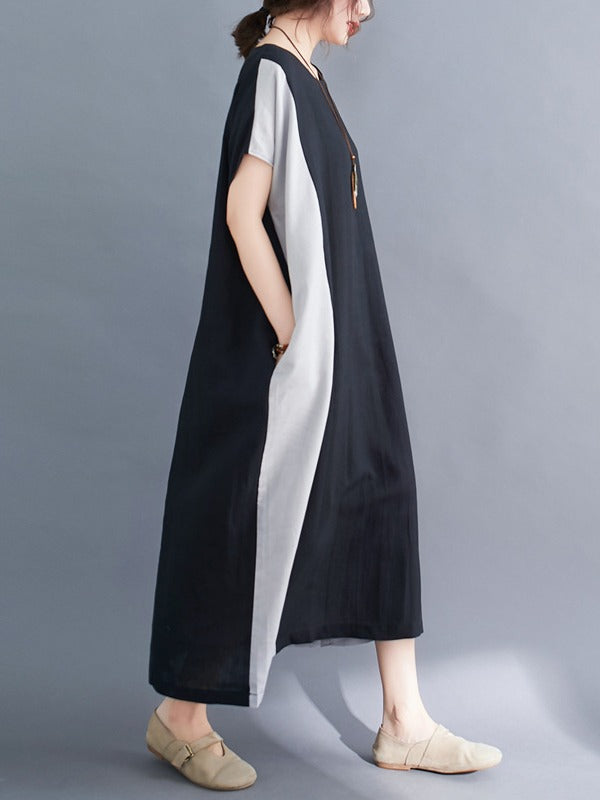 LOOSE CONTRAST COLOR SPLIT-JOINT ROUND NECK DRESS