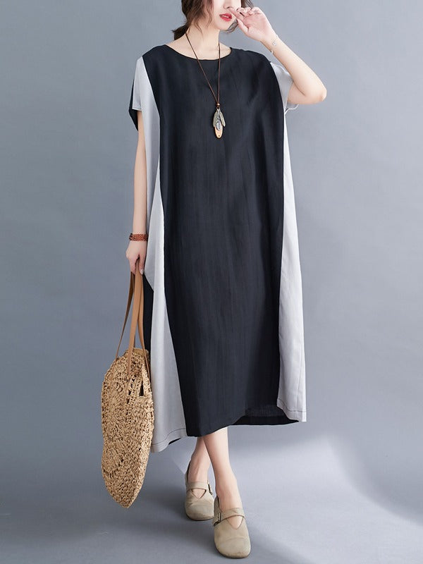 LOOSE CONTRAST COLOR SPLIT-JOINT ROUND NECK DRESS