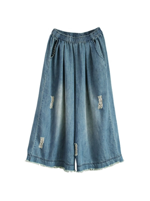 LOOSE ELASTIC WAIST WIDE-LEG JEAN PANTS