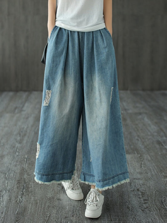 LOOSE ELASTIC WAIST WIDE-LEG JEAN PANTS