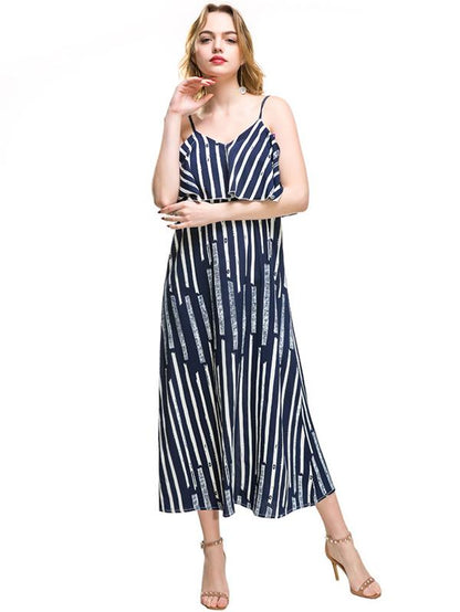 Printed Falbala Spaghetti-neck Maxi Dress