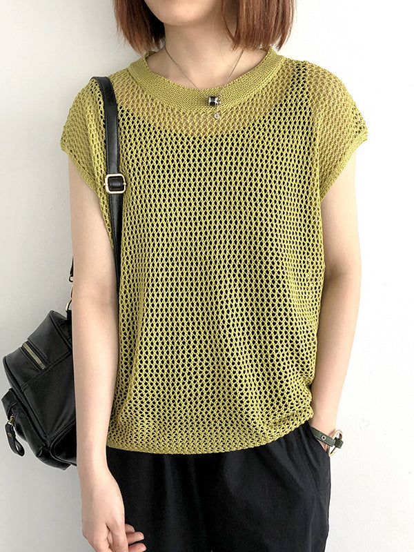 Simple Loose Solid Color Linen Hollow T-Shirt Top