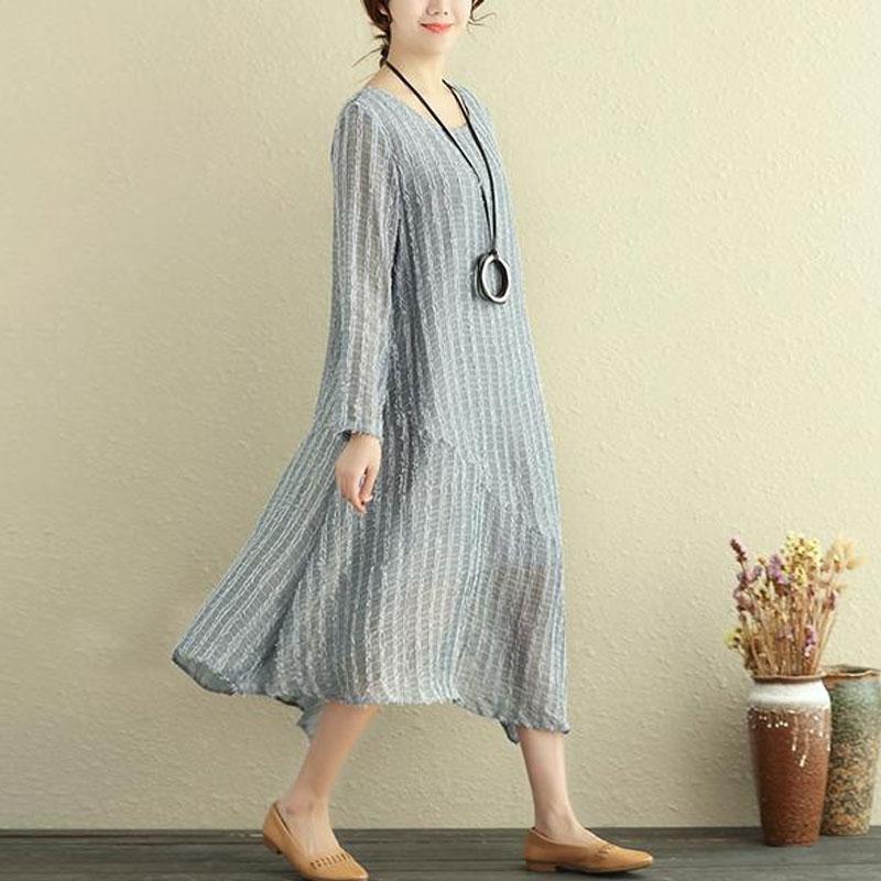 Round Neck Long Sleeve Irregular Lining Gray Women Dress