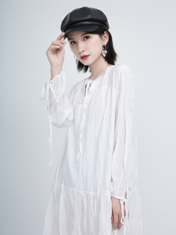 Loose Solid Pleated Lace Up Dress