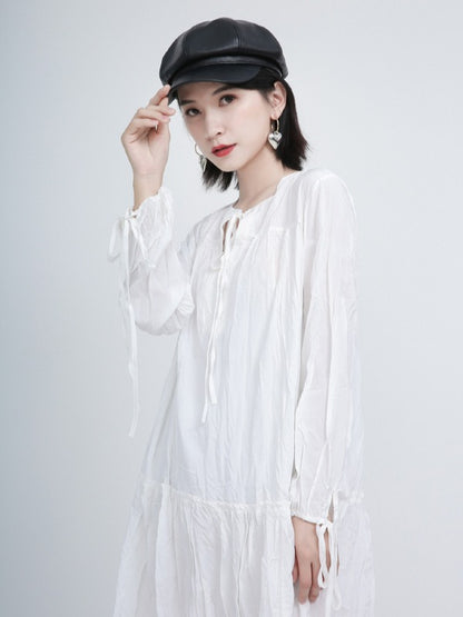 Loose Solid Pleated Lace Up Dress
