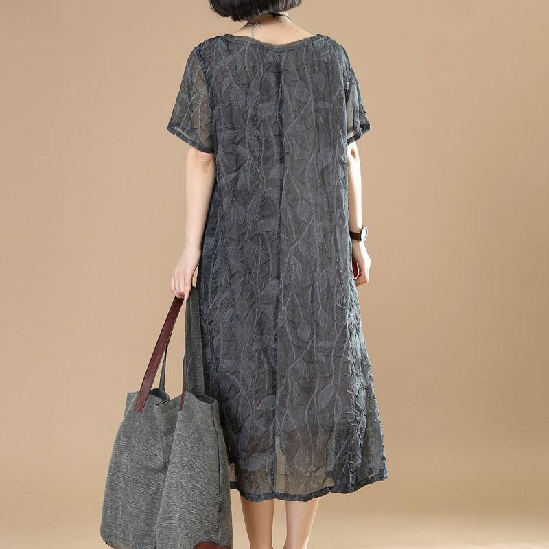 Summer Short Sleeves Women Casual Round Neck Dark Gray Dress