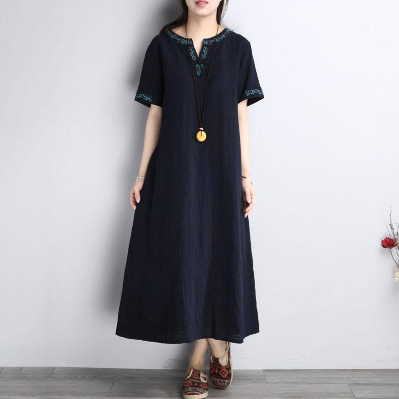 Summer Embroidery Short Sleeve Loose Navy Blue Dress