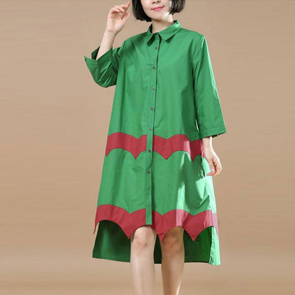 Women Vintage Casual Splicing Summer Irregular Green Shirt Dress