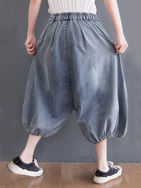 Loose Casual Elasticity High-Waist Wide Legs Jean Pants Knickerbockers