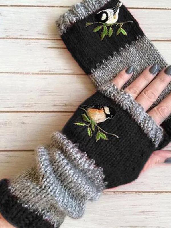 Knitting Embroidered Half Finger Gloves Accessories