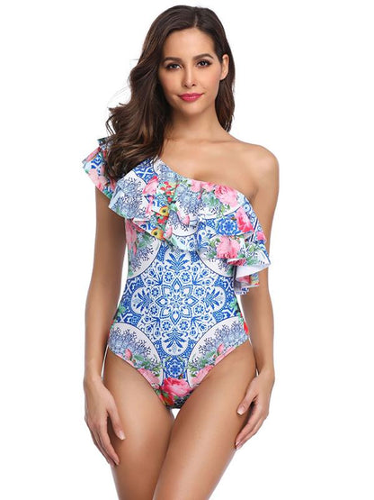 Single Shoulder Falbala Printed One-piece Swimsuit