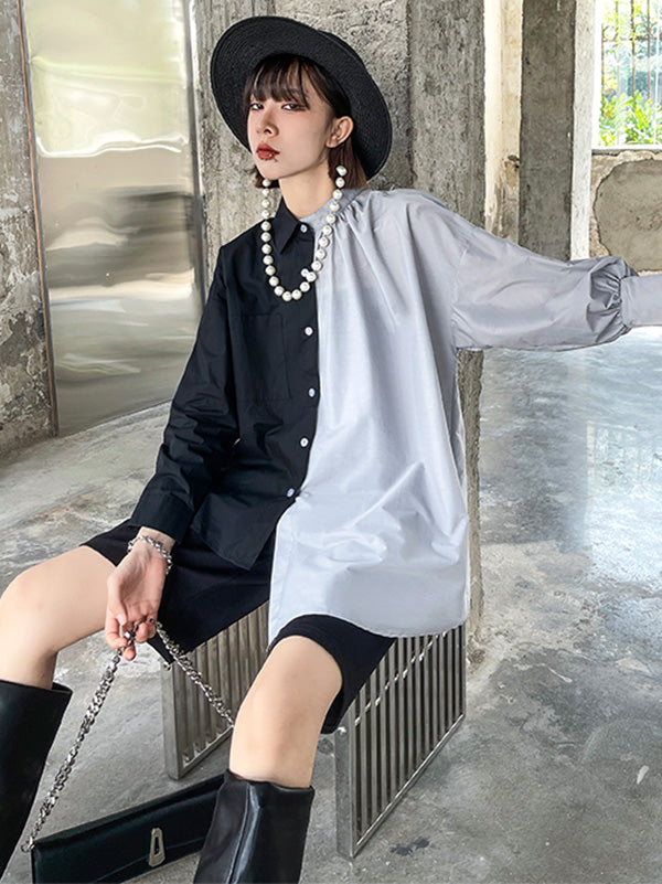 Irregular Casual Solid Color Pleated Buttoned Lapel Collar Long Sleeves Blouse