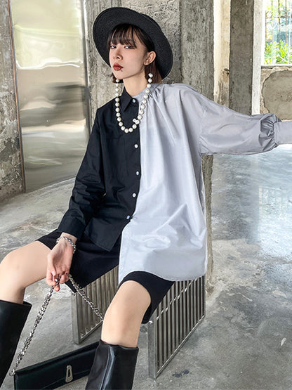 Irregular Casual Solid Color Pleated Buttoned Lapel Collar Long Sleeves Blouse