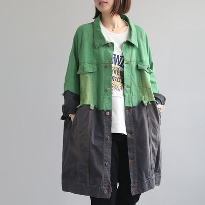 Buykud Color Matching Spliced Casual Denim Trench Coat