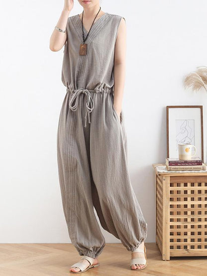 Original Solid Elasticity V-Meck Jumpsuits