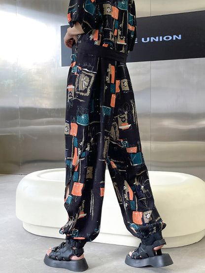 Stylish Printed Belted Split-Side Lapel Short Sleeves Jumpsuits