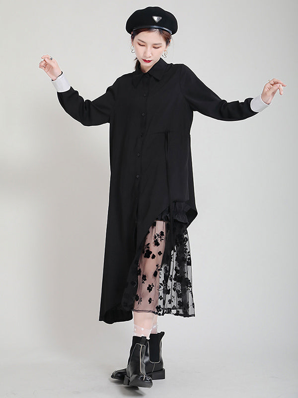 Original Irregular Split-Joint Buttoned Tied Lapel Collar Long Sleeves Midi Dress