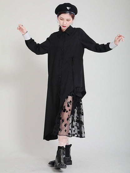 Original Irregular Split-Joint Buttoned Tied Lapel Collar Long Sleeves Midi Dress