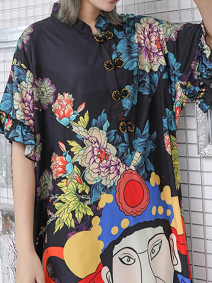 Casual Retro Printed Loose Midi Dress