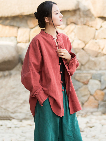 Original Artistic Retro Loose Solid Color Ramie Cotton Blouse Outwear