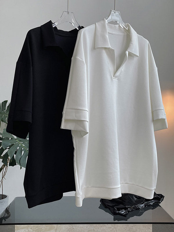 Girlish Loose Black&White V-Neck Half Sleeves T-Shirts