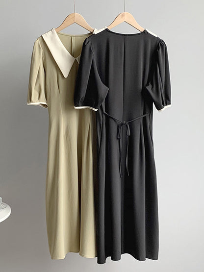 Urban Solid Color Bandage A-Line Lapel Short Sleeves Midi Dress