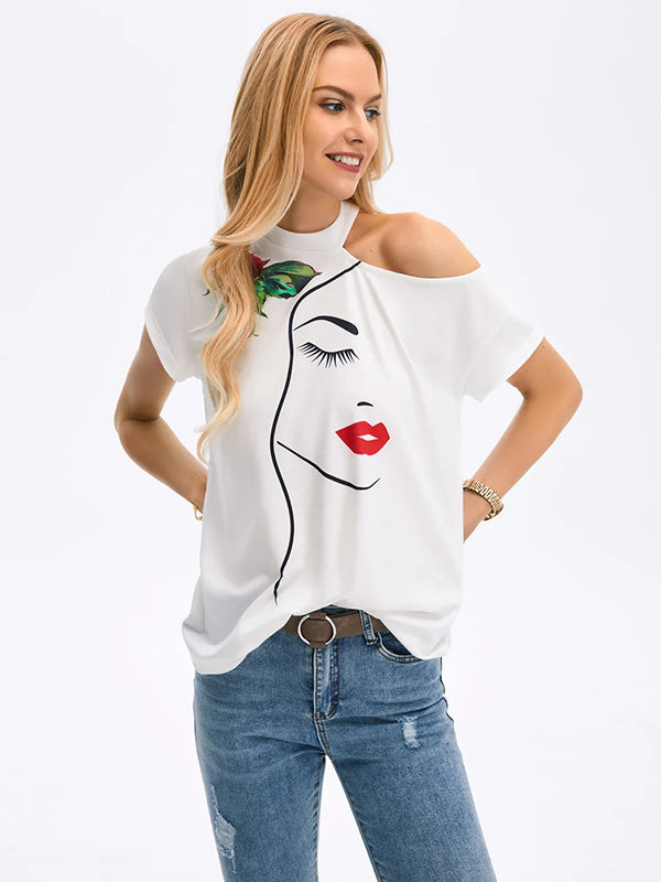 Original One-Shoulder Floral Face Printed T-Shirt Top