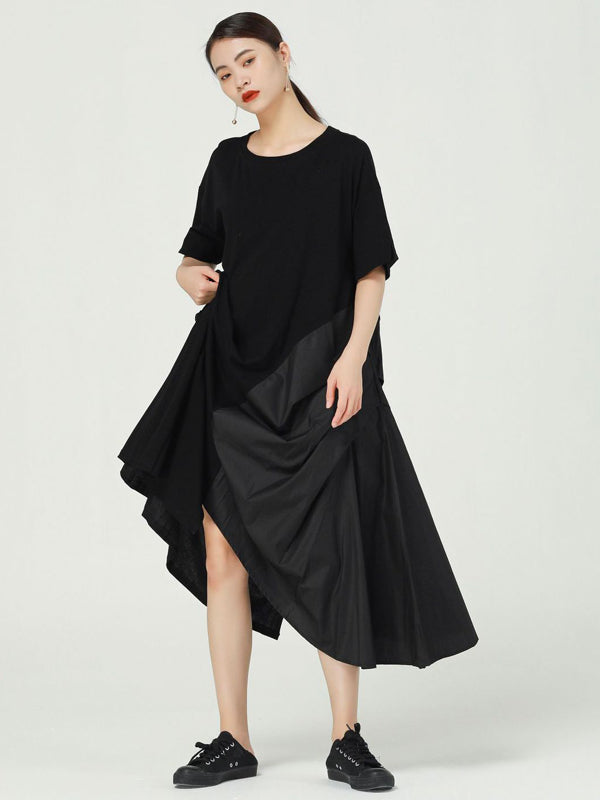 Stylish Asymmetric Split-Joint Round-Neck Loose Short Sleeves Midi Dress