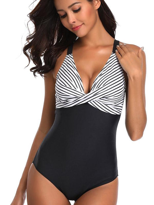 Twist Stripe Contrast One Piece Swimsuit
