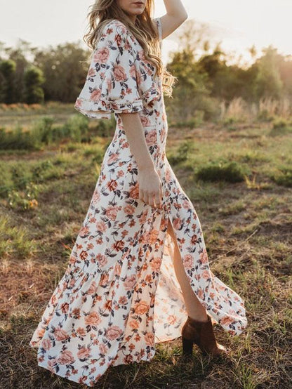 Floral Falbala Sleeves Maxi Dress
