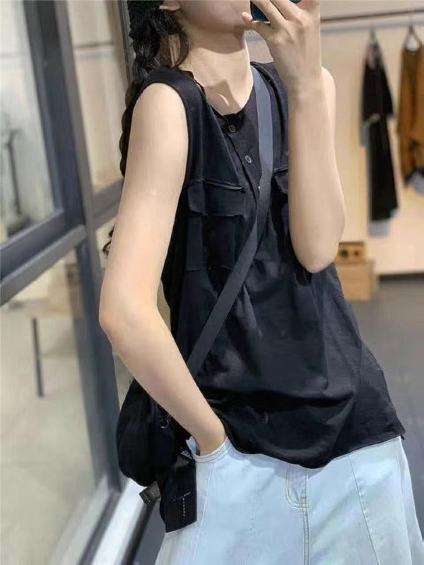 LOOSE SOLID SLEEVELESS POCKET VEST