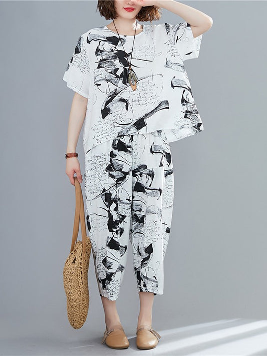 LOOSE INK PRNTED WIE-LEG SUITS