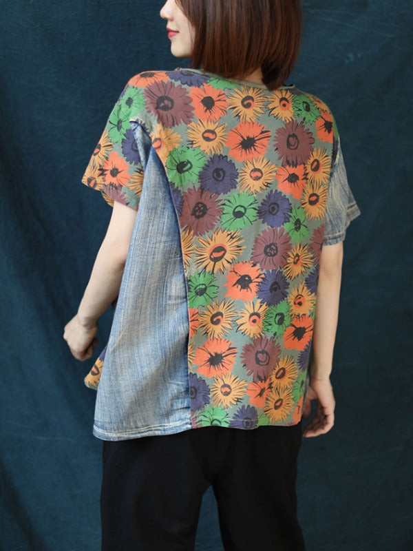 VINTAGE CROPPED FLORAL SPLIT-JOINT DENIM T-SHIRT