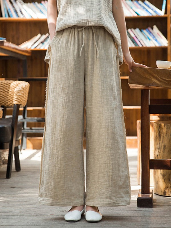 LOOSE SOLID LINEN LACE-UP STRAIGHT PANTS