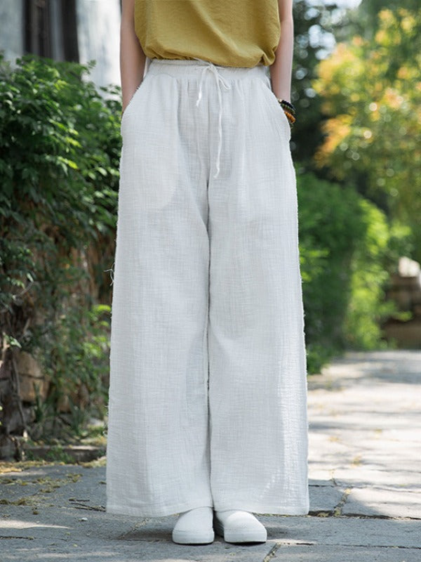 LOOSE SOLID LINEN LACE-UP STRAIGHT PANTS