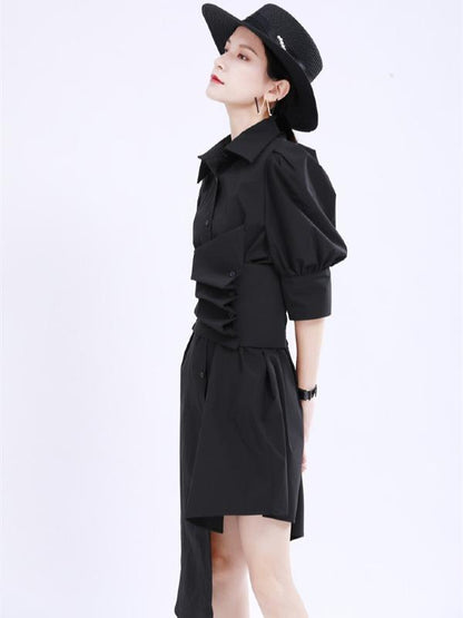 Simple Irregular Solid Pleated Midi Dress