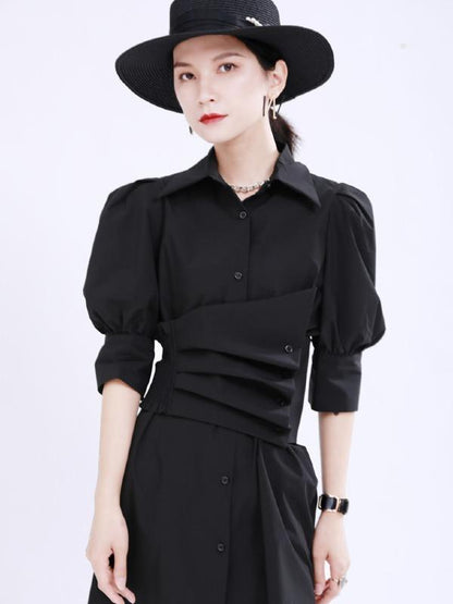 Simple Irregular Solid Pleated Midi Dress