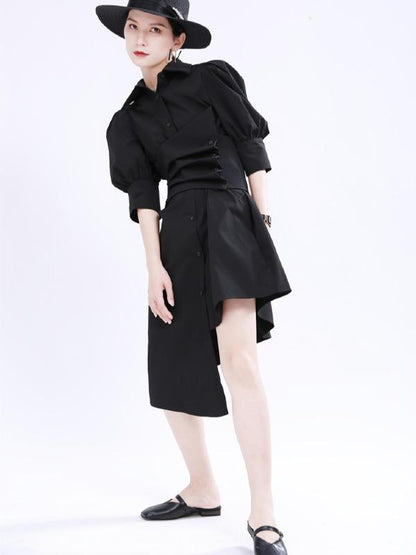Simple Irregular Solid Pleated Midi Dress