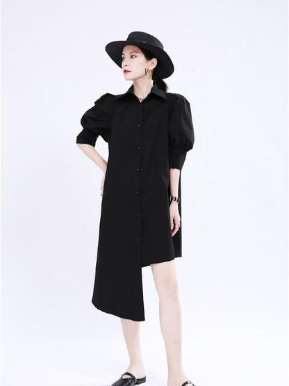 Simple Irregular Solid Pleated Midi Dress