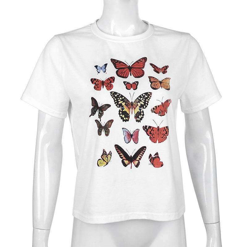 loose thin color butterfly print short-sleeved casual wild top ACTIVEWEAR