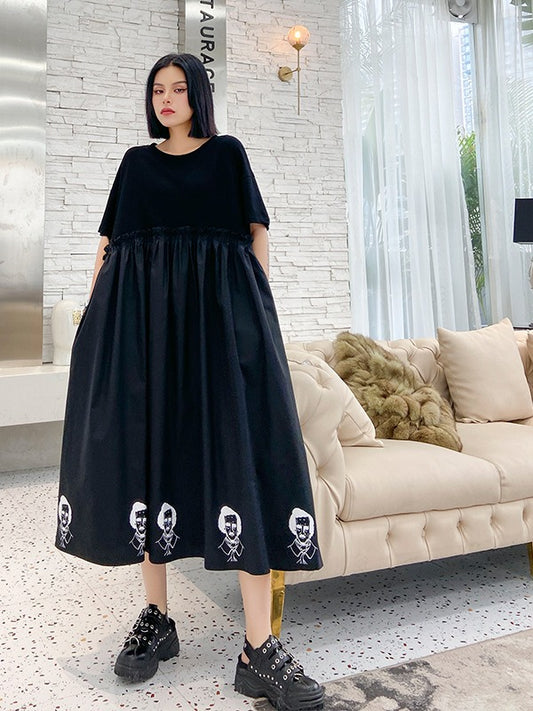 ORIGINAL PRINTED SPLIT-JOINT ROUND-NECK LONG DRESS