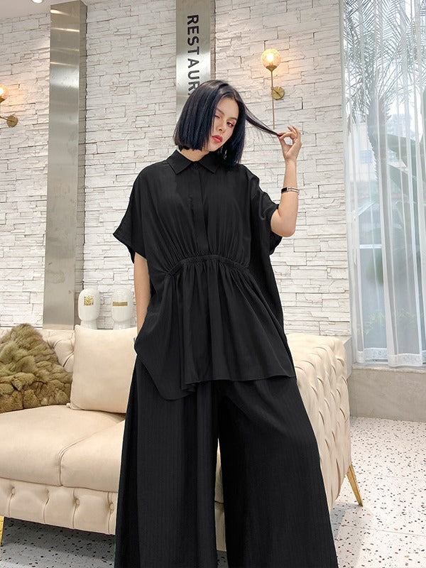 URBAN ELASTICITY BATWING SLEEVE LAPEL TOPS&WIDE LEG PANTS SUITS