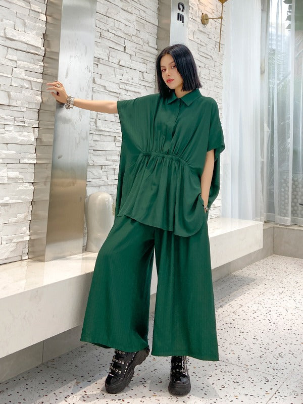 URBAN ELASTICITY BATWING SLEEVE LAPEL TOPS&WIDE LEG PANTS SUITS