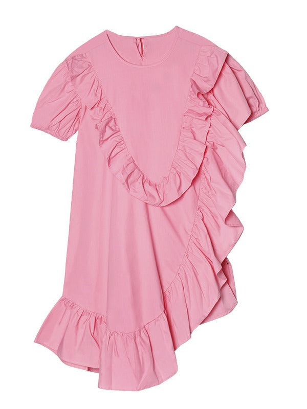 SOLID FALBALA BISHOP SLEEVE ASYMMETRIC MIDI DRESS