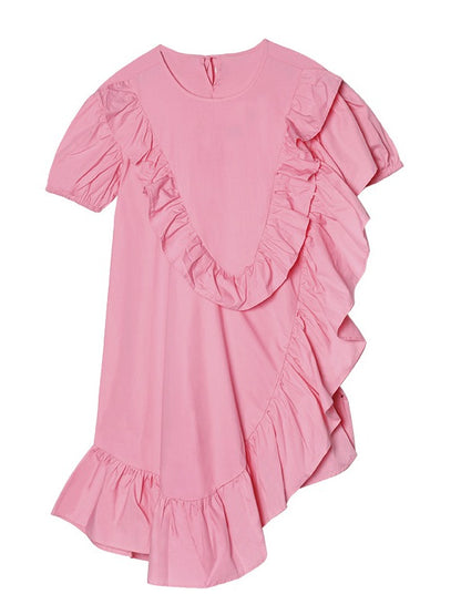SOLID FALBALA BISHOP SLEEVE ASYMMETRIC MIDI DRESS