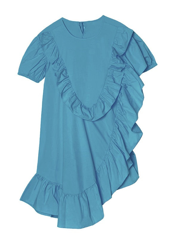 SOLID FALBALA BISHOP SLEEVE ASYMMETRIC MIDI DRESS